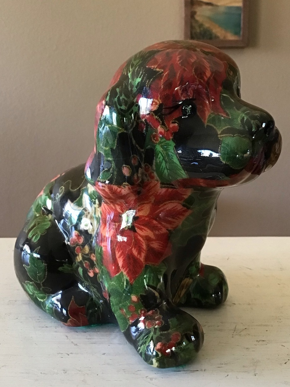 Vintage Joan Baker Designs Porcelain Poinsettia Dog Figurine